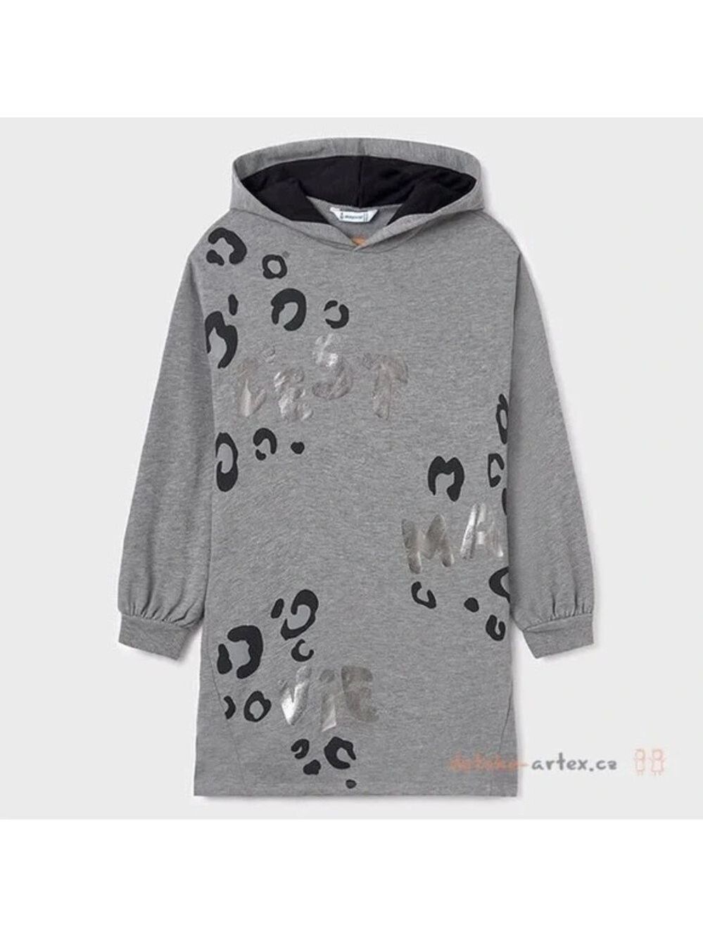 Size 12 Girl Mayoral Gray Hooded Dress with Black Leopard Spots and Silver